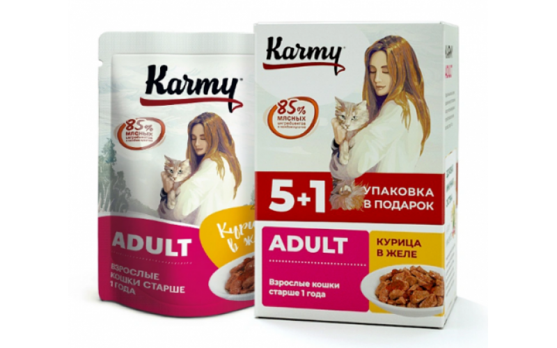 KARMY НАБОР (5+1) ADULT корм для кошек консервы Курица в желе. Вес: 5х80 г