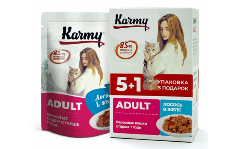 KARMY НАБОР (5+1) ADULT корм для кошек консервы Лосось в желе. Вес: 5х80 г