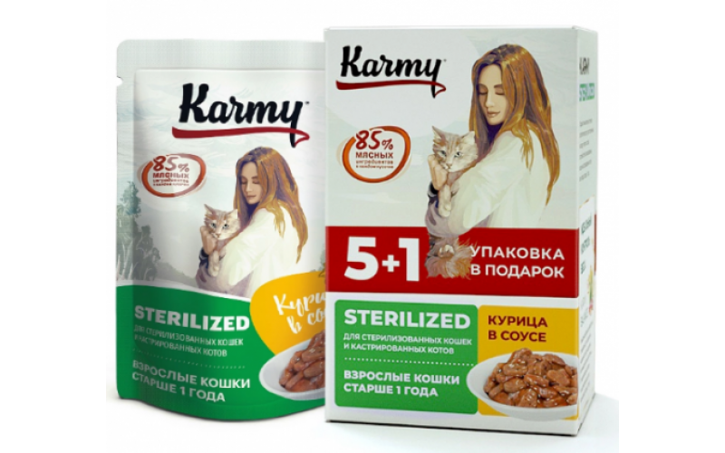 KARMY НАБОР (5+1) ADULT корм для кошек консервы Курица в соусе. Вес: 5х80 г