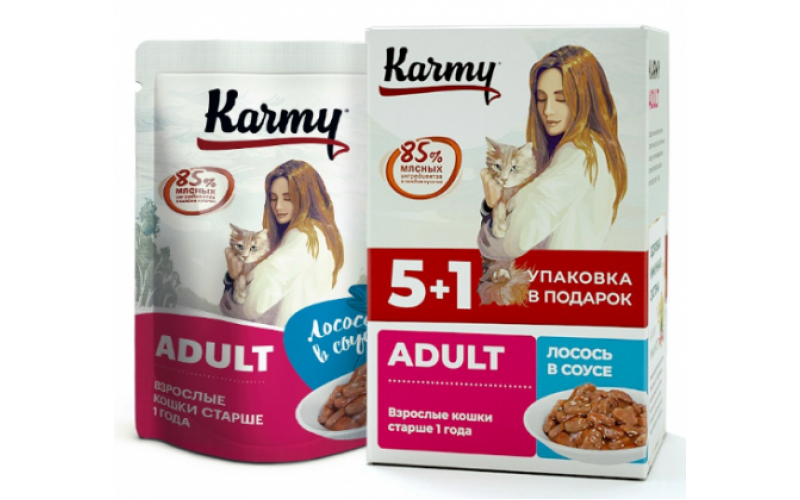 KARMY НАБОР (5+1) ADULT корм для кошек консервы Лосось в соусе. Вес: 5х80 г